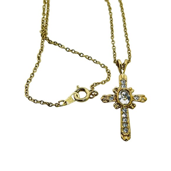 Roman Gold Tone Cable Chain Necklace With Clear Rhinestone Cross Pendant (5705) - Picture 6 of 7